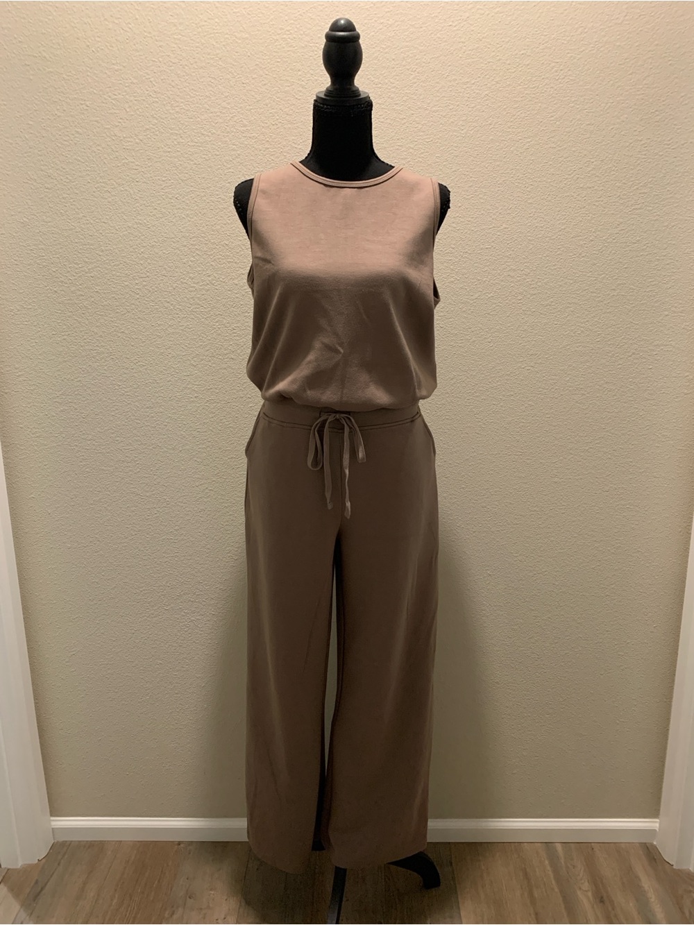 Women’s Beige/Taupe Sleeveless Wide-Leg Jumpsuit with Drawstring Waist (Size M)